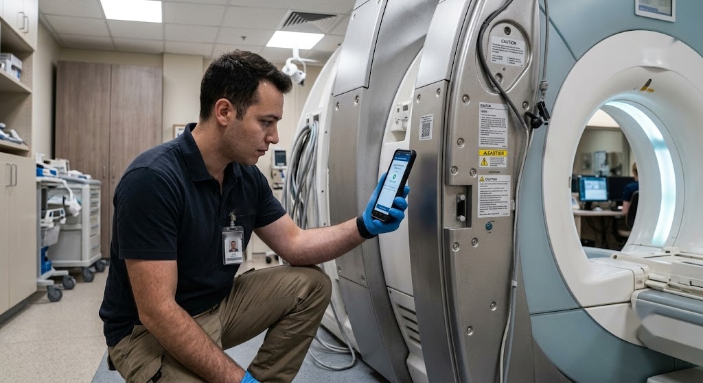 Biomedical engineer scanning an MRI scanner asset tag with a smartphone before servicing