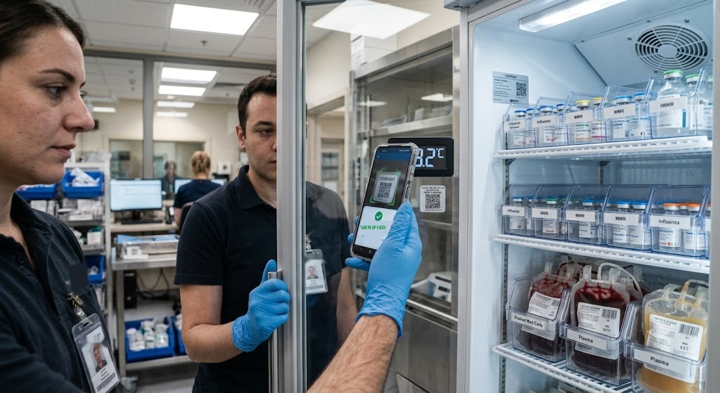 Staff member scanning a medical refrigerator QR label to record a cold-chain temperature check