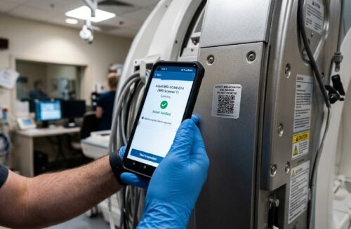 Technician scanning the QR asset label on an MRI scanner with a mobile app before a maintenance inspection