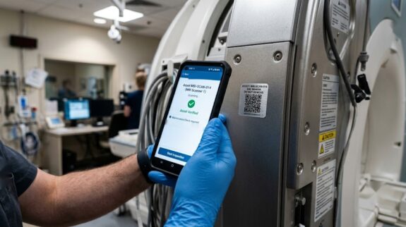 Technician scanning the QR asset label on an MRI scanner with a mobile app before a maintenance inspection