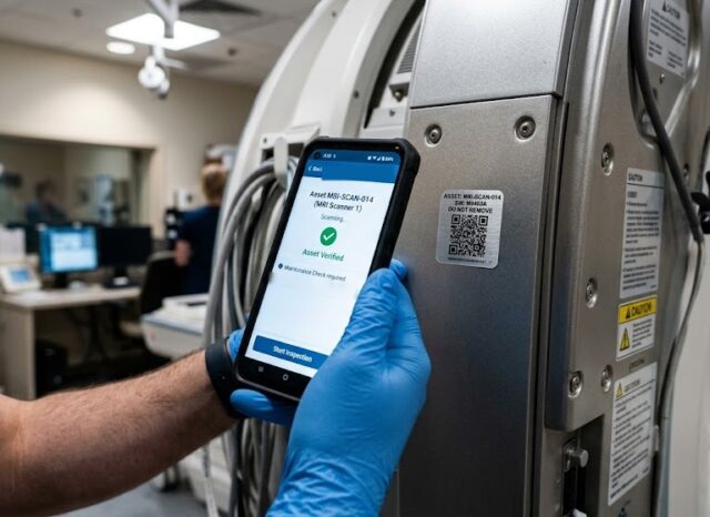Technician scanning the QR asset label on an MRI scanner with a mobile app before a maintenance inspection