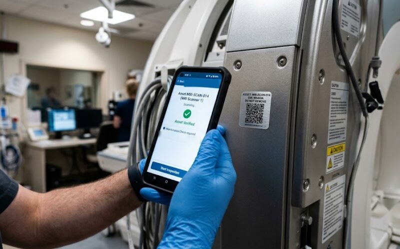 Technician scanning the QR asset label on an MRI scanner with a mobile app before a maintenance inspection