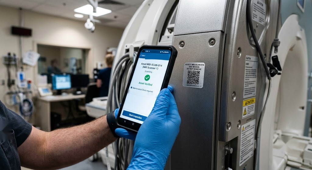 Technician scanning the QR asset label on an MRI scanner with a mobile app before a maintenance inspection